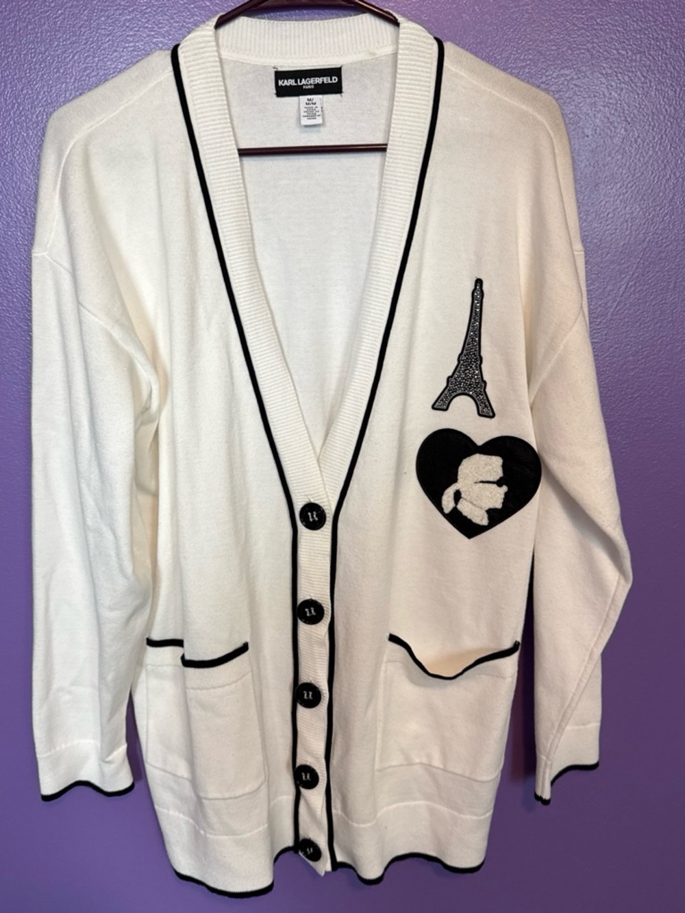 Karl Lagerfeld cream cardigan with black trim and Paris appliqué